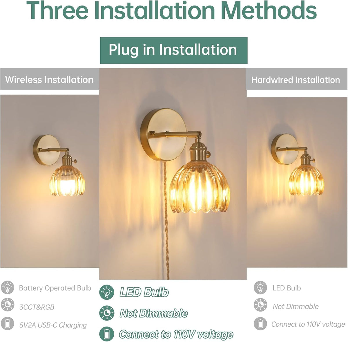 Shenmoyl Vintage Battery Operated Wall Sconce with Green Tulip Glass Lampshade Rechargeable Battery Powered Wall Light with Remote Control for Bedside Bedroom Doorway