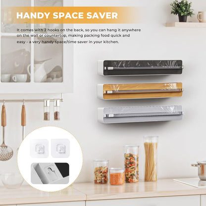 Magnetic Plastic Wrap Dispenser with Cutter - Practical Refillable Aluminum Tin Foil and Plastic Wrap Organizer for Drawer, Including an Extra Roll of 12"X 164' Food Cling Film - Black