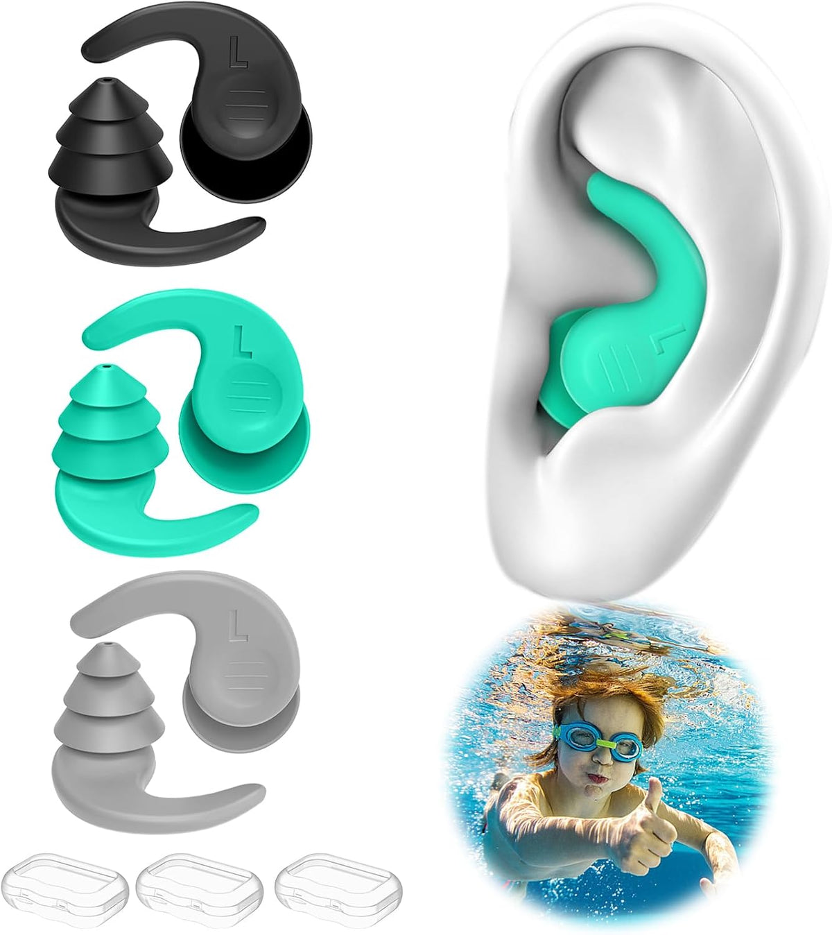Swimming Ear Plugs for Adults,3 Pairs Waterproof Reusable Silicone Swim Earplugs for Swimming Surfing Snorkeling Showering and Water Pool,Beach,Ocean (Adults & Teens 14+)