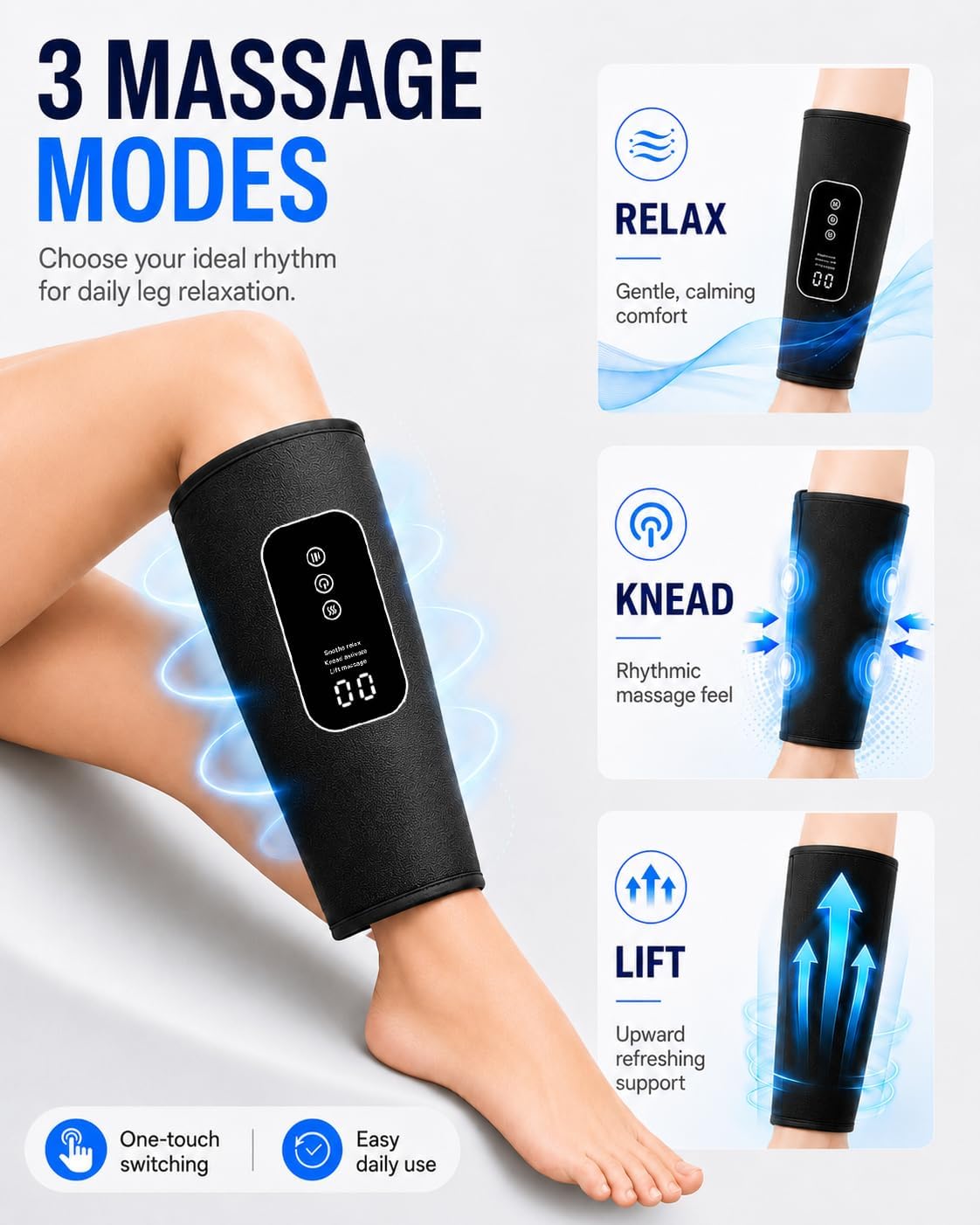RIGHTMELL Cordless Leg Massager with Heat, Compression Calf Massager, Pair | Rechargeable Calf Wraps With 3 Modes, 3 Intensities, Adjustable Heat for Home and Office Use