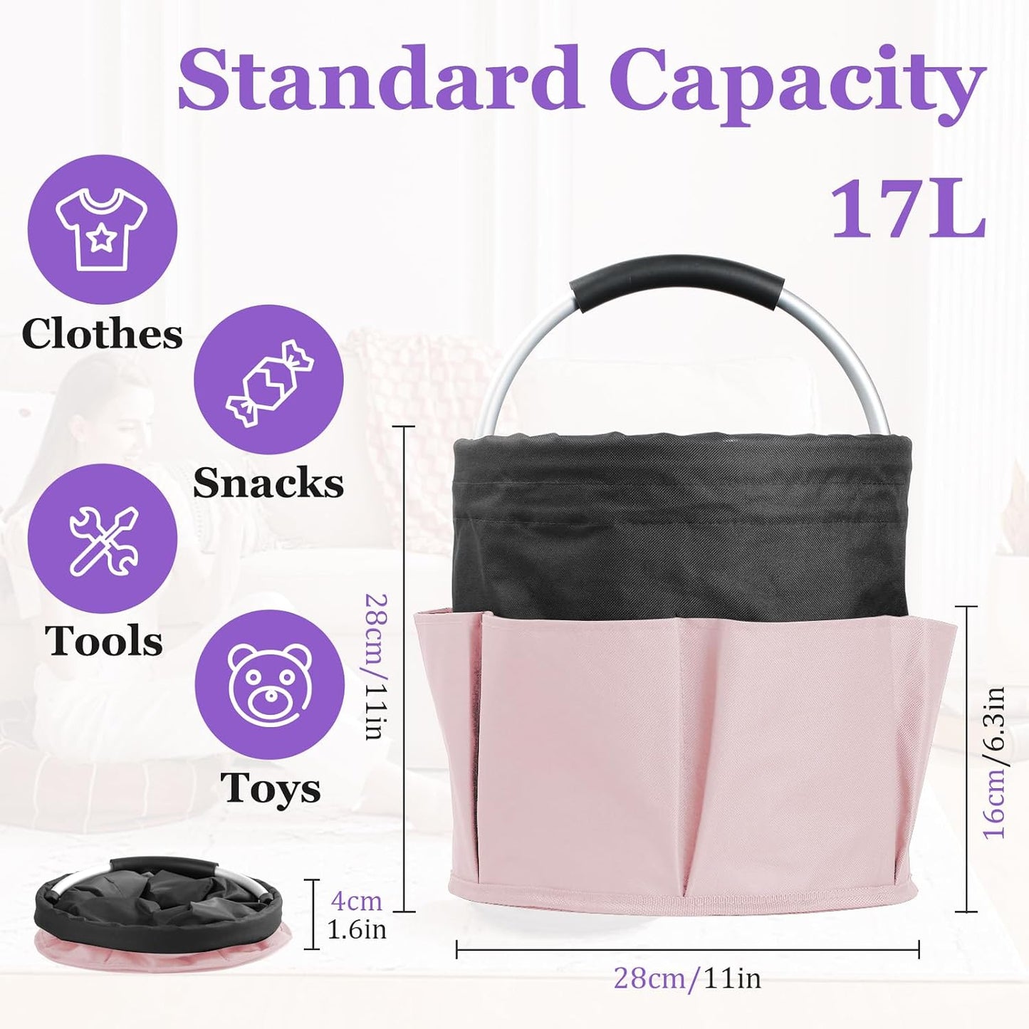 17L Cleaning Caddy with Handle and 6 Pockets, Foldable Cleaning Supply Caddy, Portable Shower Caddy in 600D Oxford Fabric, Multifunctional Storage Basket for Camping, Gardening, Black