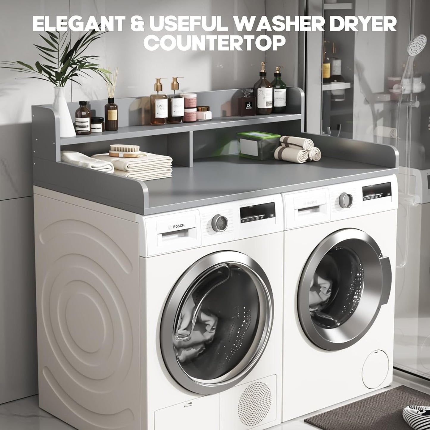 2-Tier Washer and Dryer Countertop with 2.75" H Guard,54" W x 27.5" D Laundry Countertop Cover with Non-Slip Pad,Large Space Laundry Topper for Folding Clothes Over Washer and Dryer-White