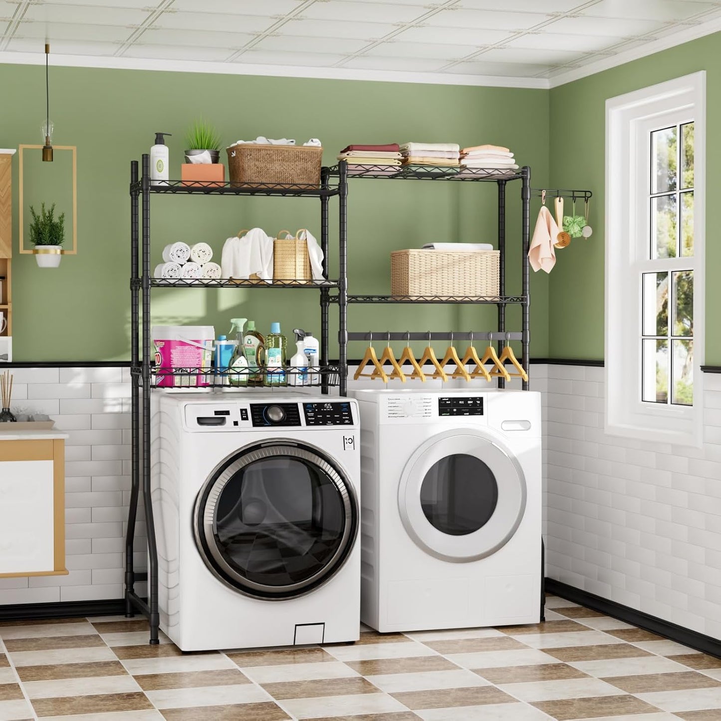 Golpart Laundry Organizer Shelves Over the Washer and Dryer Storage Shelf | Heavy Duty Laundry Room Organization Clothes Drying Rack Adjustable Height Wire Shelving and Wire Basket with Hanger Rod