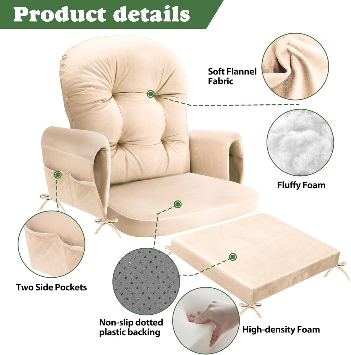 JZHLLA Glider Rocker Replacement Cushion Set with Storage Pockets Soft Flannel Fabric & High-Resilience Foam Non-Slip Back Rocking Chair Cushion for Living Room Rocking Chair(Beige)