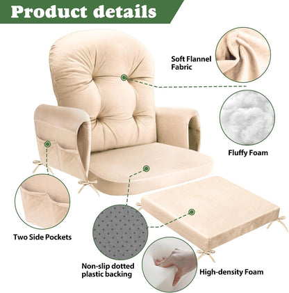 JZHLLA Glider Rocker Replacement Cushion Set with Storage Pockets Soft Flannel Fabric & High-Resilience Foam Non-Slip Back Rocking Chair Cushion for Living Room Rocking Chair(Beige)