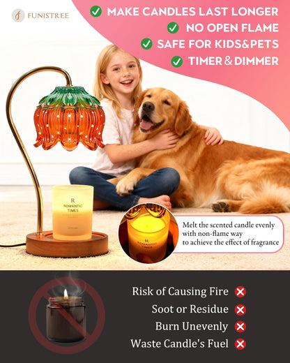 Funistree Flower Candle Warmer Lamp with Timer, Dimmable Candle Lamp Warmer, Christmas Birthday Gifts for Women Mom Her, Housewarming Home Decor, Lotus Wax Warmer for Yankee Candles - Lily Amber