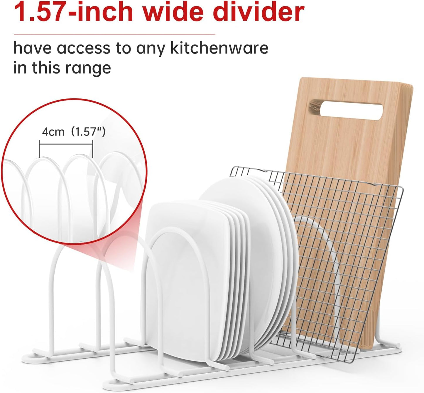 JAQ Plate Rack for Cabinet, 10.5" Vertical Dish Organizer for Plates, Pot Lids, Cutting Boards & Baking Sheets, Metal Kitchen Cabinet Organizer (1-Pack, White)