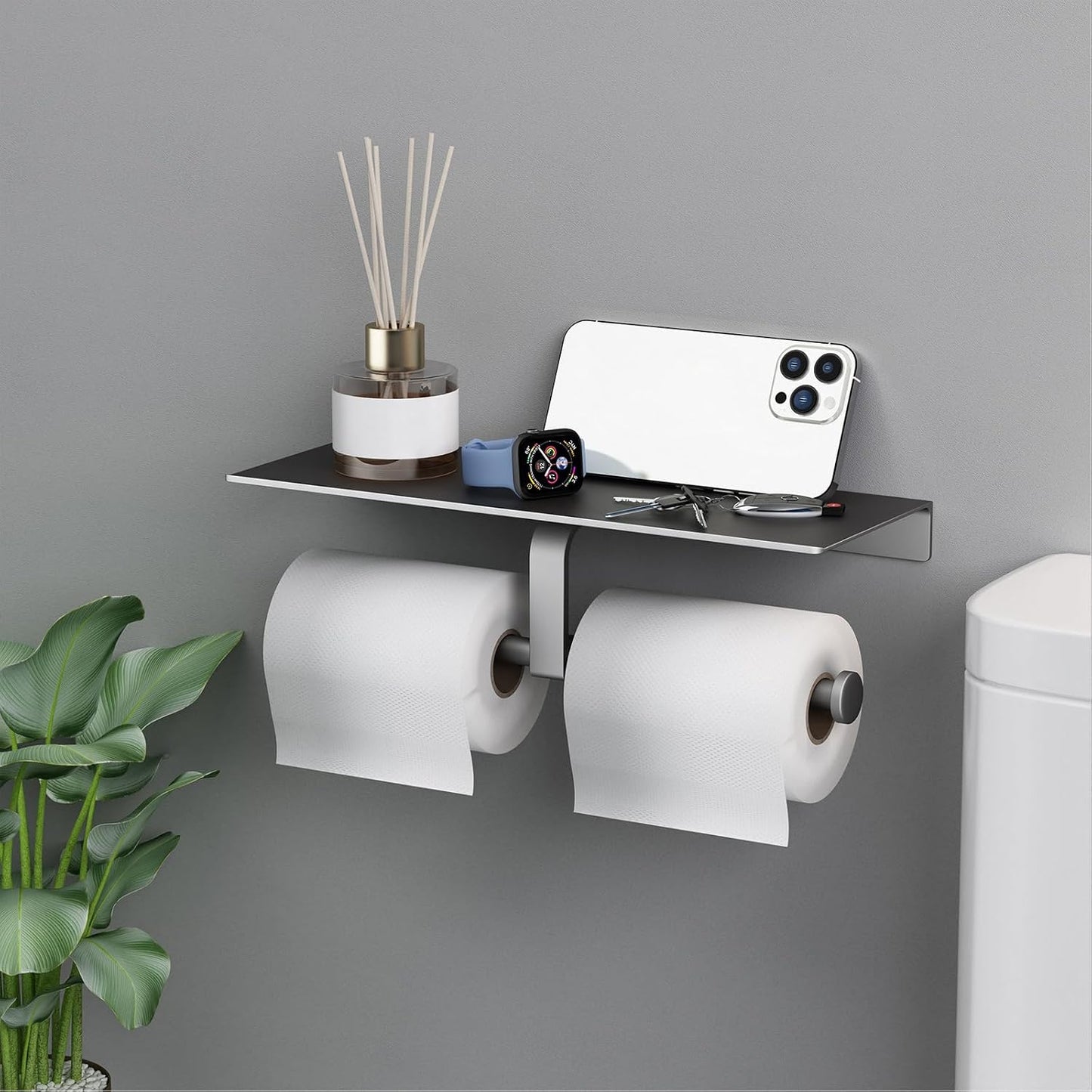 Matte Black Toilet Paper Holder with Shelf, Wall-Mounted Bathroom Organizer, Double Roll