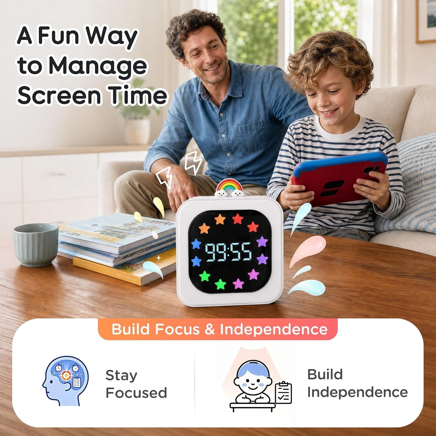 Digital Visual Timer for Kids with 12-Star Rainbow Display & 9 Color Modes | 99-Minute Count-Up & Countdown Timer with Silent Mode & Pause for Classroom, Home, Kitchen, Rechargeable, White