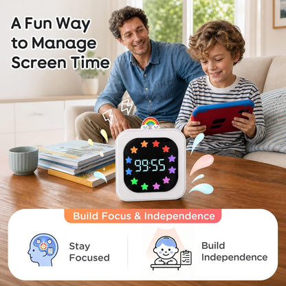Digital Visual Timer for Kids with 12-Star Rainbow Display & 9 Color Modes | 99-Minute Count-Up & Countdown Timer with Silent Mode & Pause for Classroom, Home, Kitchen, Rechargeable, White