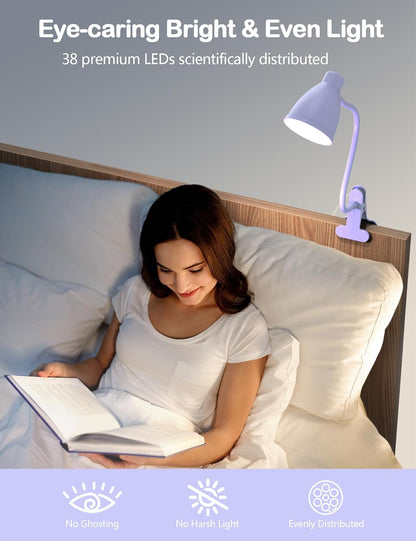 BOHON Desk Lamp 5 Color Modes 10 Brightness Dimmer Reading Light Black | 10W 38 LED Clamp Lamp with Auto Off Timer 360° Flexible Neck Clip on Light for Bed Bedside, AC Adapter Include