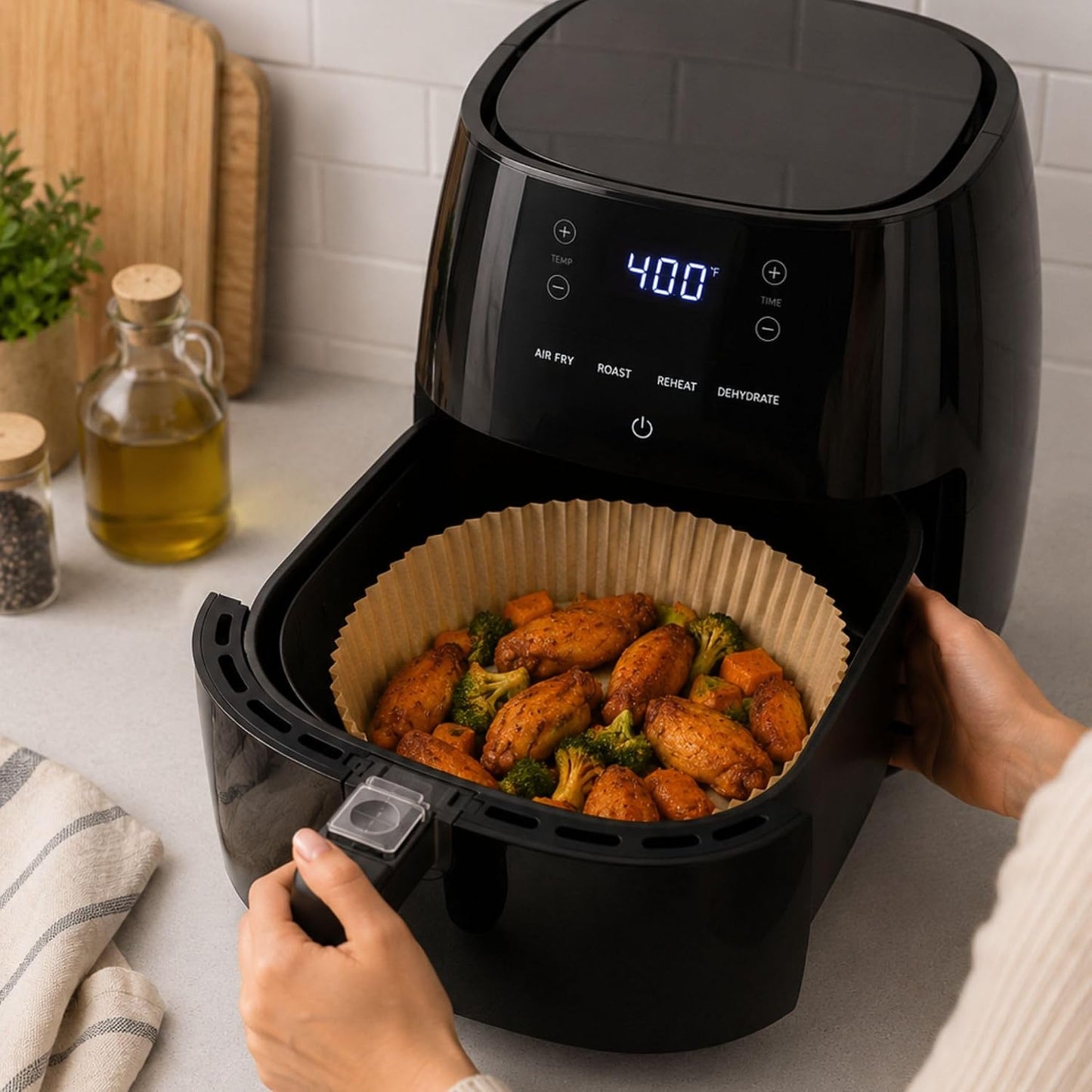Restaurantware-Pastry Tek 8.1 x 5.5 x 1.8 Inch Air Fryer Liners, 100 Rectangle Air Fryer Baskets - No-Stick Silicone Coating, Unbleached, Food-Grade Paper Liners, For Steamer, Microwave, Oven