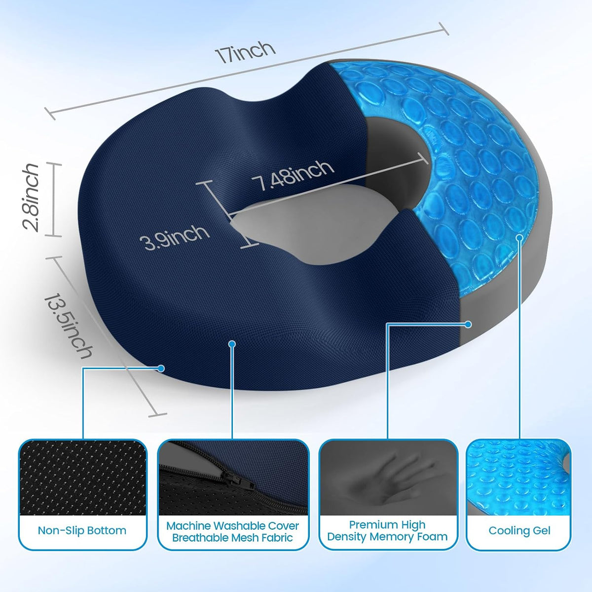 Donut Pillow Seat Cushion, Cooling Gel Memory Foam Chair Cushion, Black