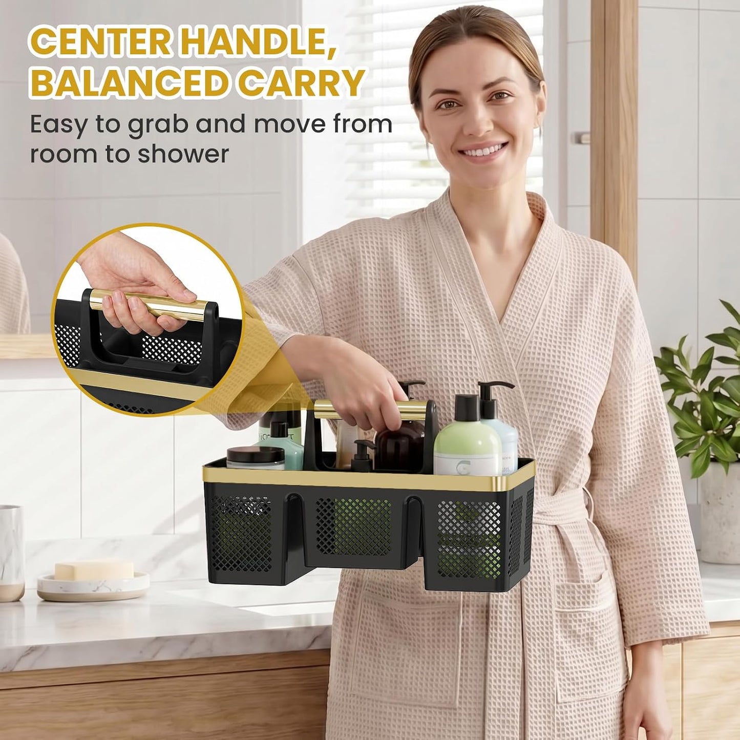 BYUNER Portable Cleaning & Shower Caddy with Handle: Rigid Plastic Basket with 4 Divided Compartments, All-Side Drainage for College Dorm, Bathroom & Utility Use, Black/Gold