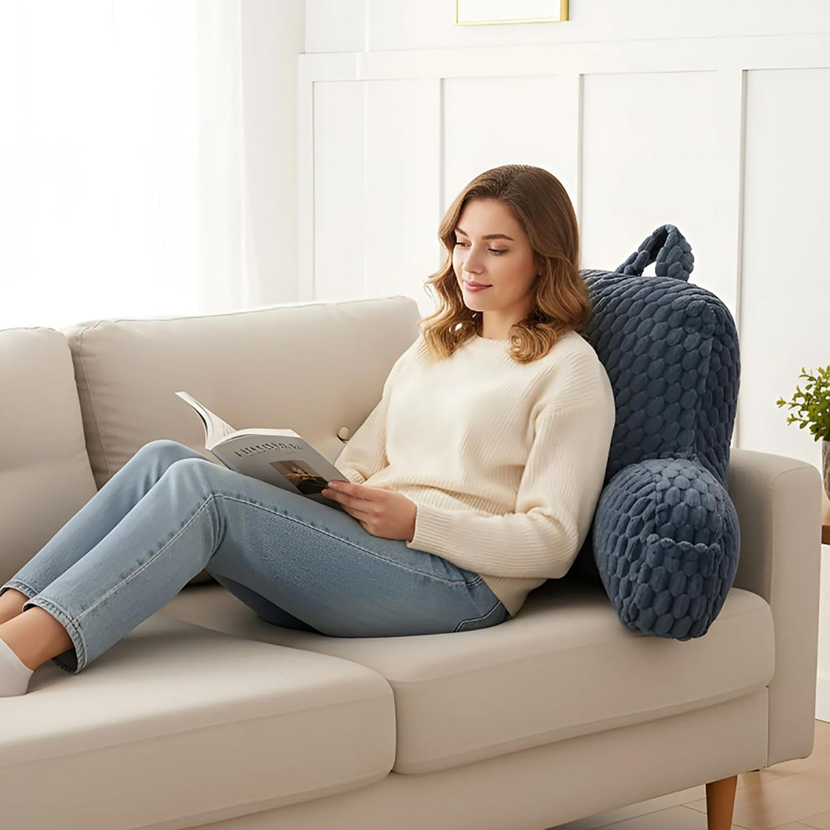 Large Reading Pillow for Adults, Back Support Pillow for Sitting Up in Bed with Arms, Couch for Lounging Bedrest, Pink