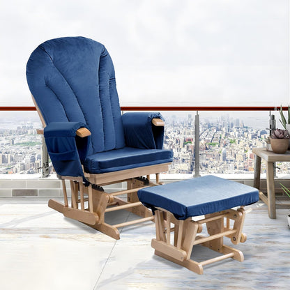 ANMINY 5pcs Glider Rocker Replacement Cushions Set with Ottoman Cushion, 3.5Inch Thickened Velvet Glider Rocking Chair Cushions with 29 inch High Backrest & Side Pockets for Indoor Nursery, Blue