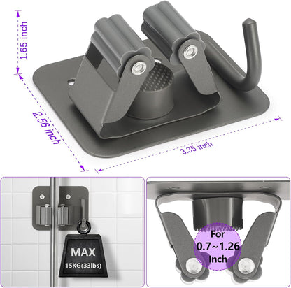 Stainless Steel Broom Holder, Heavy Duty, Rust Resistant, 4 Gripper Positions with 4 Hooks, Black | Drill-Mounted Gripper Rack Holds Brooms, Mops and Garden Tools Safely in the Laundry Room, Kitchen, Garage, Garden and Shed