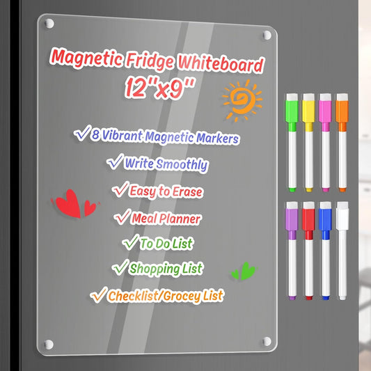 Acrylic Meal Planner Weekly Calendar Menu Board for Kitchen, w/ 8 Markers | Clear Weekly Fridge Calendar Planning Note Board Dry Erase to Do/Grocery/Shopping List/Chore Chart, 12.8x9’’