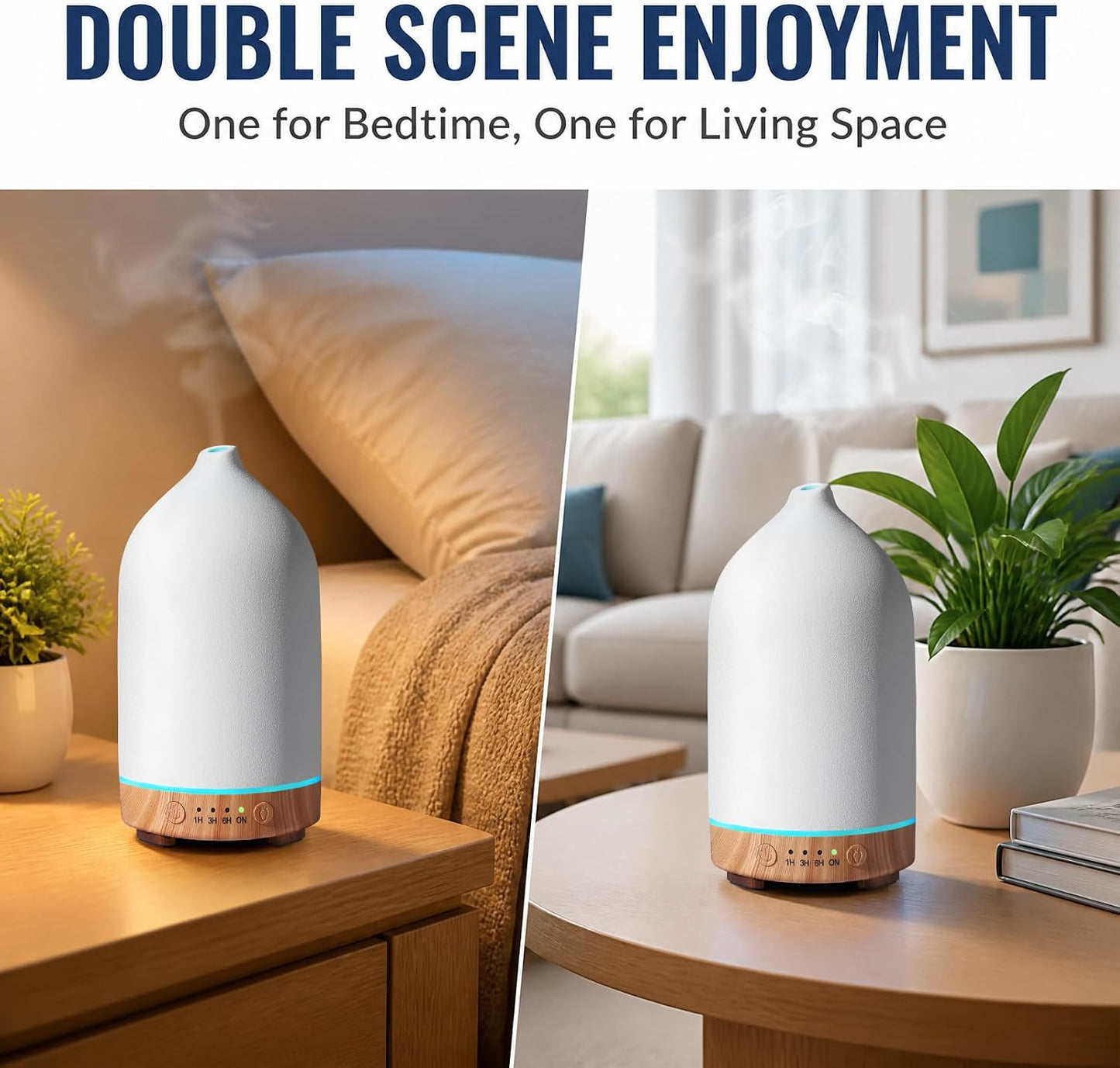 Ceramic Essential Oil Diffuser for Home (Set of 2) Air Humidifier | 200ML Ultrasonic Aromatherapy Diffuser & Humidifier 7 LED Lights, Auto Shut-Off, Wood Base, 3 Timers for Bedroom, Office,Yoga