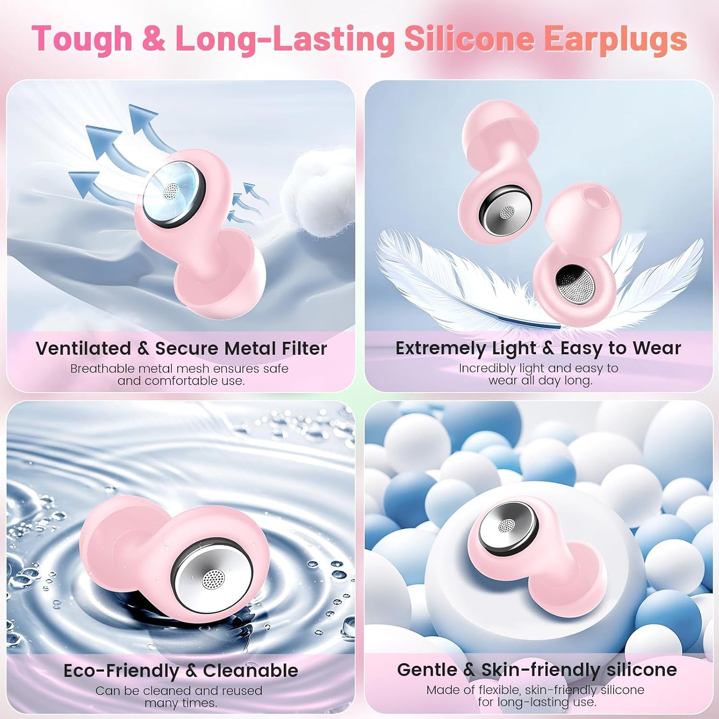 Earplugs for Hearing Protection and Noise Reduction, Sleeping Noise Cancelling, 30dB Soft Silicone Hearing Protection Earplugs, Reusable with Case & 8Eartips for Deep Focus, Light Pink