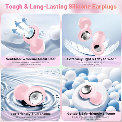 Earplugs for Hearing Protection and Noise Reduction, Sleeping Noise Cancelling, 30dB Soft Silicone Hearing Protection Earplugs, Reusable with Case & 8Eartips for Deep Focus, Light Pink