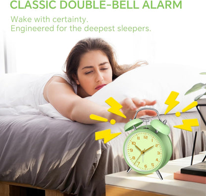4.5" Metal Loud Alarm Clock for Heavy Sleepers Adults, Analog Battery Operated Alarm Clock with Bells Glow in Dark Numbers, Silent Old School Bedside Desk Clock for Bedroom Office Kids, Black