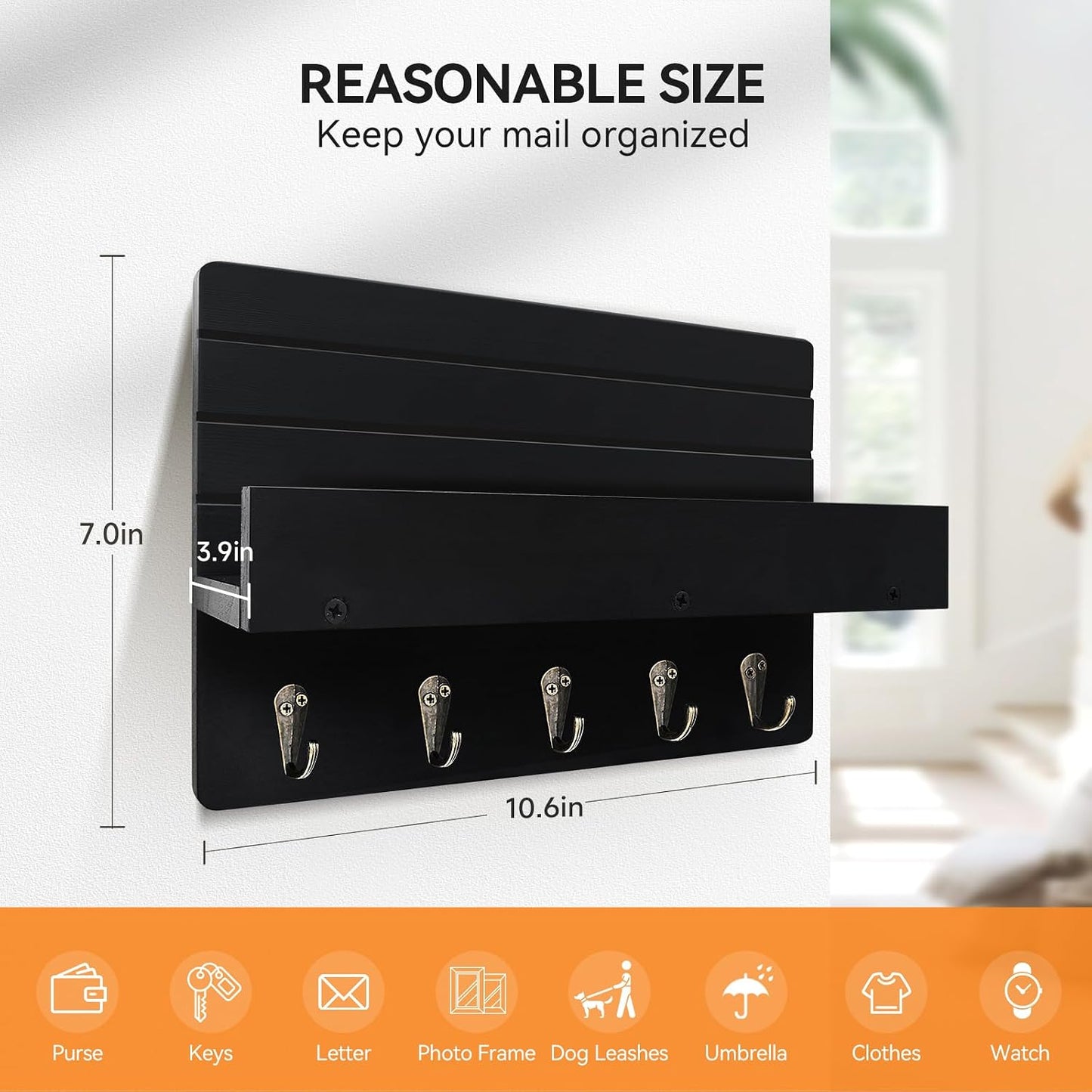 Key Holder Wall Mount, Decorative Key Rack with Shelf & 5 Sturdy Hooks, Rustic Key Hooks for Wall for Mail Organizer Hanging Dog Leash, Glasses, Wooden Key Hanger with Mounting Hardware