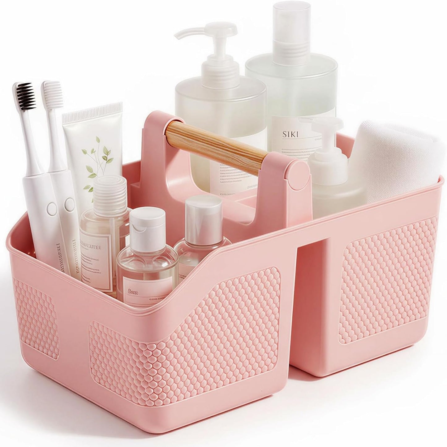 Plastic Shower Caddy Portable Shower Basket with Bamboo Handle, White | Cleaning Caddy Organizer Storage Tote for Bathroom, College Dorm Essentials, Bath Toy Storage