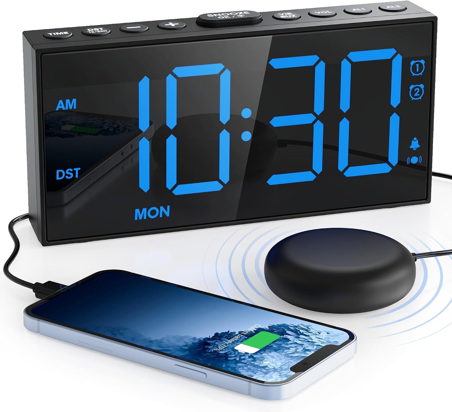 Mesqool Loud Alarm Clock with Bed Shaker & Dual Alarms, USB Port | Extra Loud Vibration Alarm Designed for Heavy Sleepers & Hearing Impaired. 5-level Dimmer, Battery Backup, Snooze & DST.