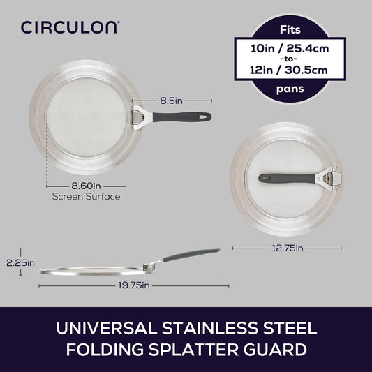 Circulon Tools and Gadgets Universal Splatter Guard Mesh Grease Cover for Pots and Pans Protects Stove, Countertop, and Kitchen from Oil when Frying, 13 Inch Splatter Guard - Stainless Steel