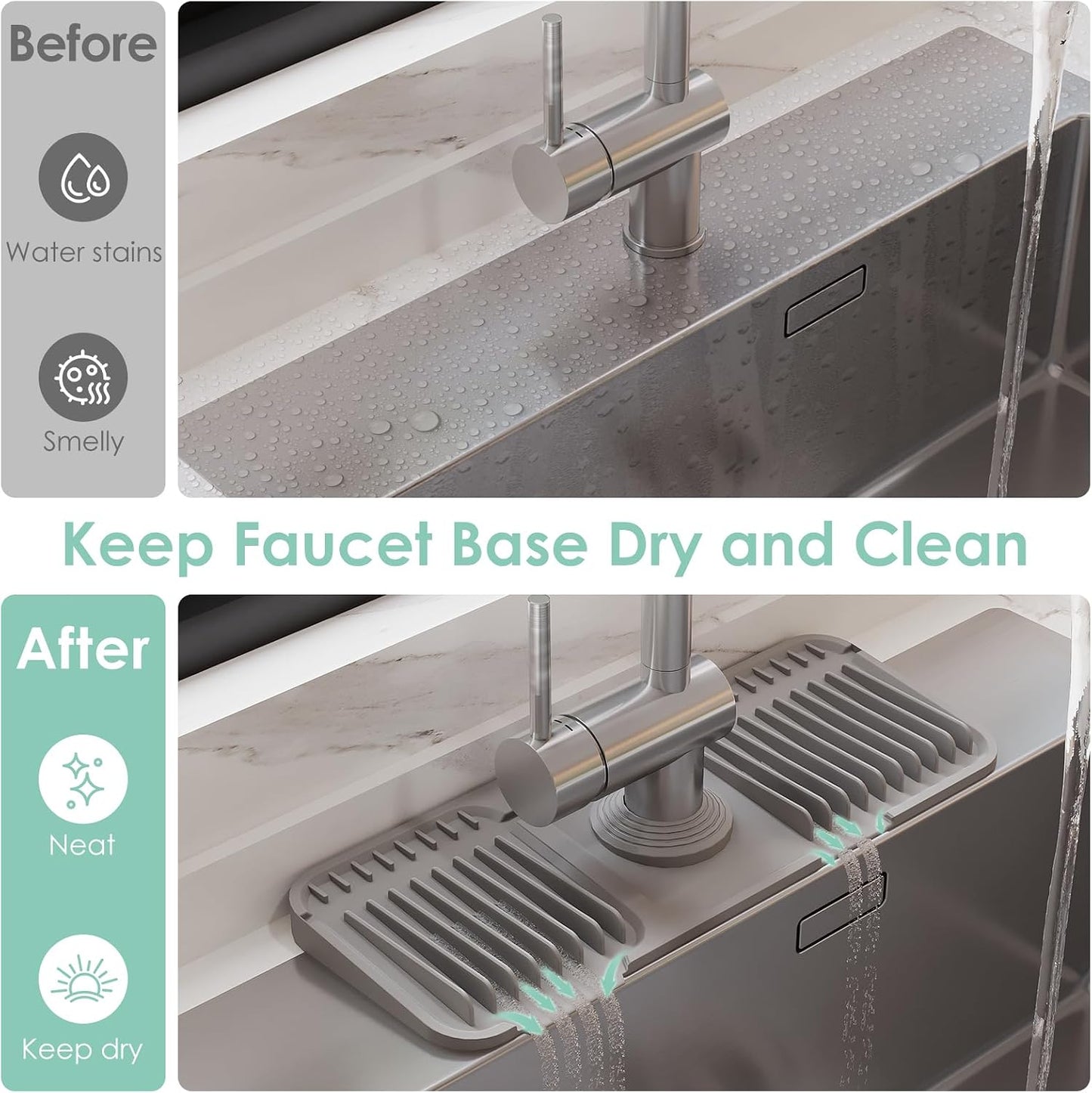 24-Inch Silicone Faucet Mat for Kitchen Sink Splash Guard, 7° Slope | 24"x5.5" water draining mat with fasten button; 1.6-2.75" customizable hole for bathroom, RV & kitchen sink drip catcher.