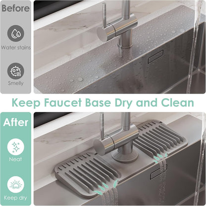 24-Inch Silicone Faucet Mat for Kitchen Sink Splash Guard, 7° Slope | 24"x5.5" water draining mat with fasten button; 1.6-2.75" customizable hole for bathroom, RV & kitchen sink drip catcher.