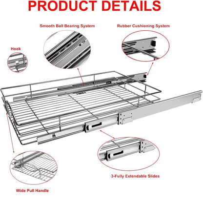 Sikarou Pull Out Cabinet Organizer, Heavy Duty Kitchen Cabinet Pull Out Shelves, Slide Out Wire Basket for Kitchen Cabinets, Bathroom, Pantry, Chrome Finish (11 * 17 in)