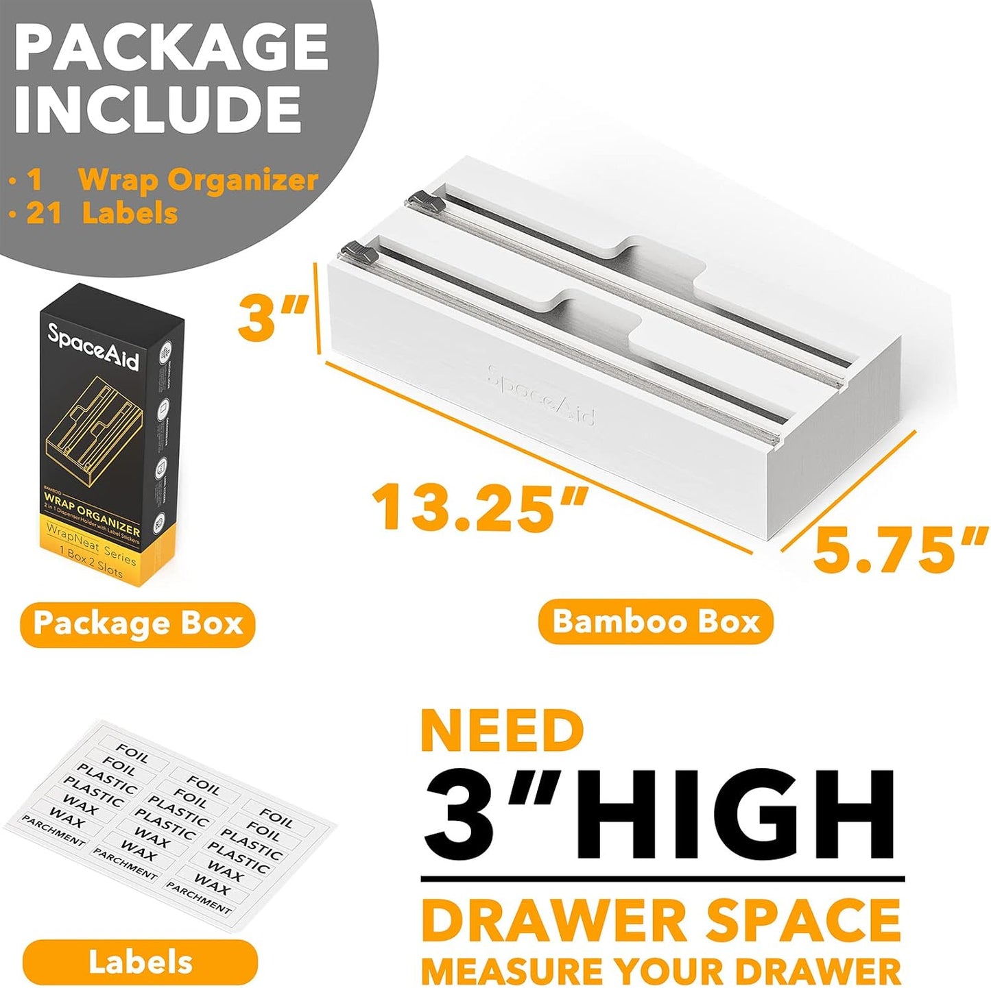 SpaceAid WrapNeat 2 in 1 Wrap Organizer with Cutter and Labels, Plastic Wrap, Aluminum Foil and Wax Bamboo Dispenser for Kitchen Storage Organization Holder for 12" Roll (Natural)