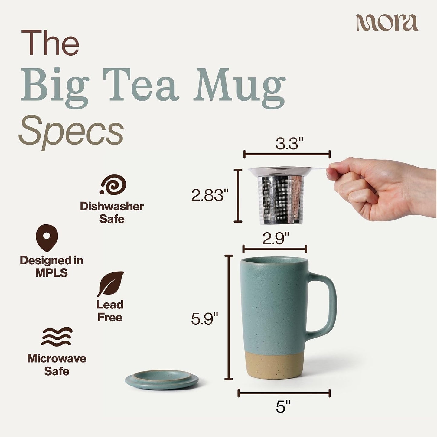 Mora Ceramics Large Tea Mug with Loose Leaf Infuser and Ceramic Lid, 18 oz, Portable, Microwave and Dishwasher Safe, Tall Coffee Cup - Rustic Matte Ceramic Glaze, Modern Herbal Tea Strainer, Olive