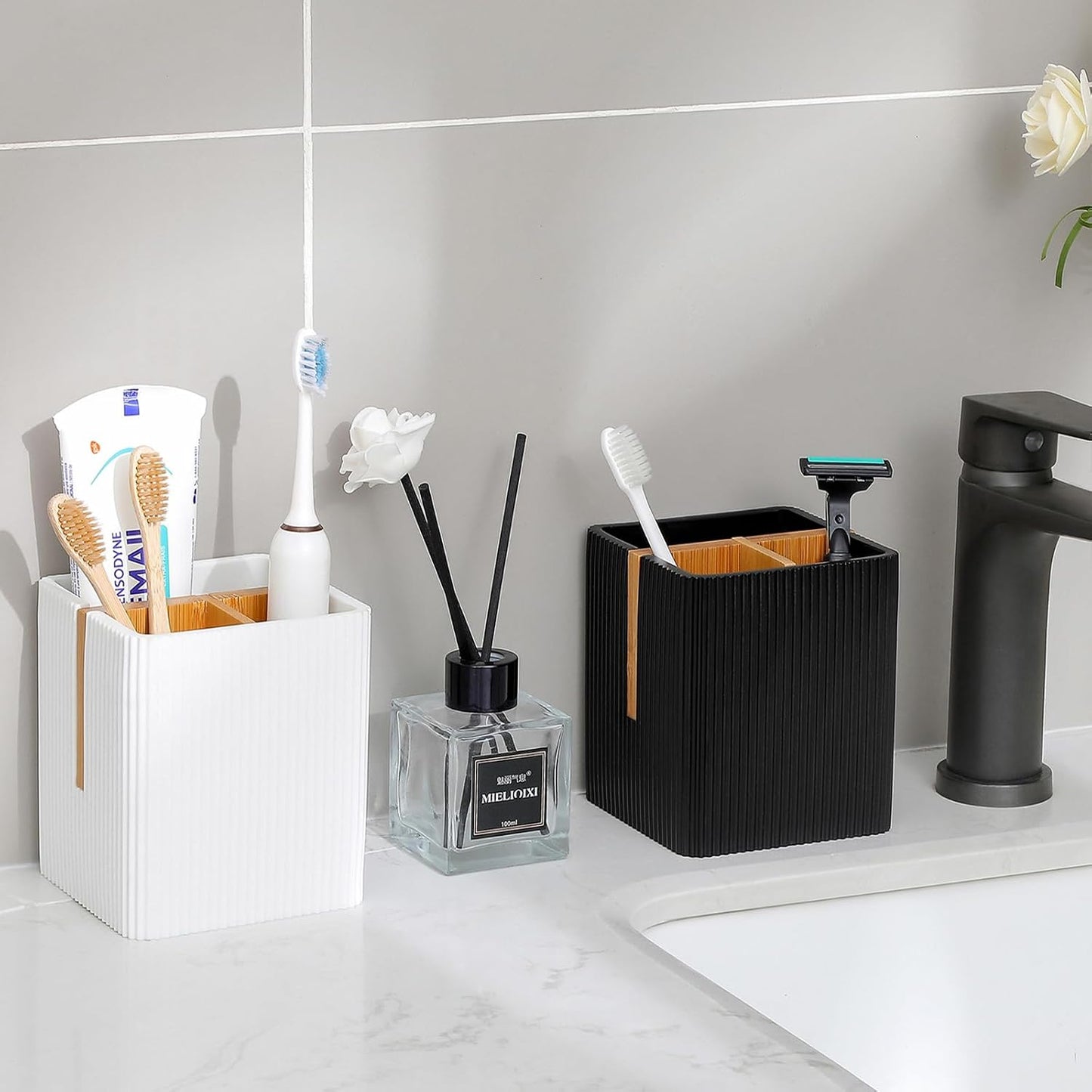 Toothbrush Holders for Bathroom, Bamboo Electric Toothbrush Stand, White | Toothbrush and Toothpaste Organizer for Sink Countertop, Bathroom Storage Stand for Brushing Accessories