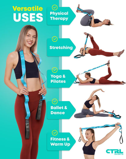 Stretching Strap with Loops - Non Elastic Yoga Strap for Physical Therapy | Video Exercises Included - Stretch bands for Stretching Equipment and Flexibility - Fascia, Hamstring & Leg Stretcher Belt