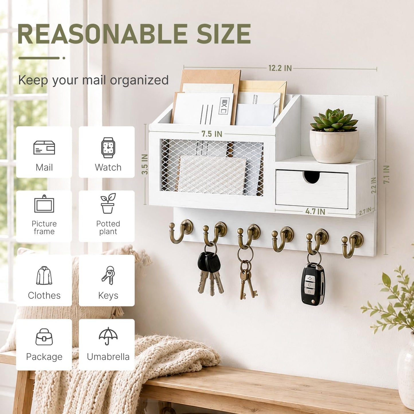 FifthQuarter Key and Mail Holder Wall Mount with Drawer and 6 Sturdy Hooks | Cute Rustic Farmhouse Wooden Key Hanger, Reliable Entryway Organizer for Keys and Daily Essential, Easy Installation, A-White