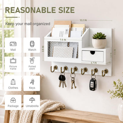 FifthQuarter Key and Mail Holder Wall Mount with Drawer and 6 Sturdy Hooks | Cute Rustic Farmhouse Wooden Key Hanger, Reliable Entryway Organizer for Keys and Daily Essential, Easy Installation, A-White