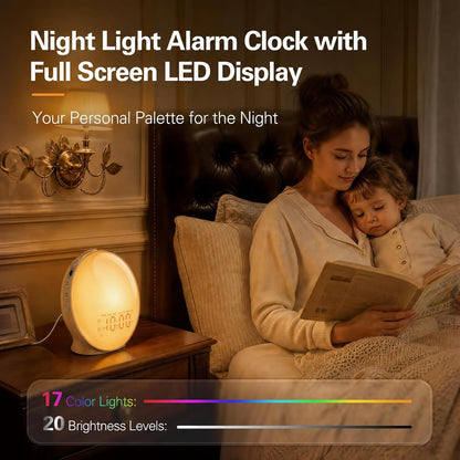 JALL Full-Screen Wake Up Light Sunrise Alarm Clocks for Bedrooms, White Noise Machine for Heavy Sleepers, 25 Natural Sounds, Dual Alarms, FM Radio, 17 Dimmable Colors, Bluetooth Speaker