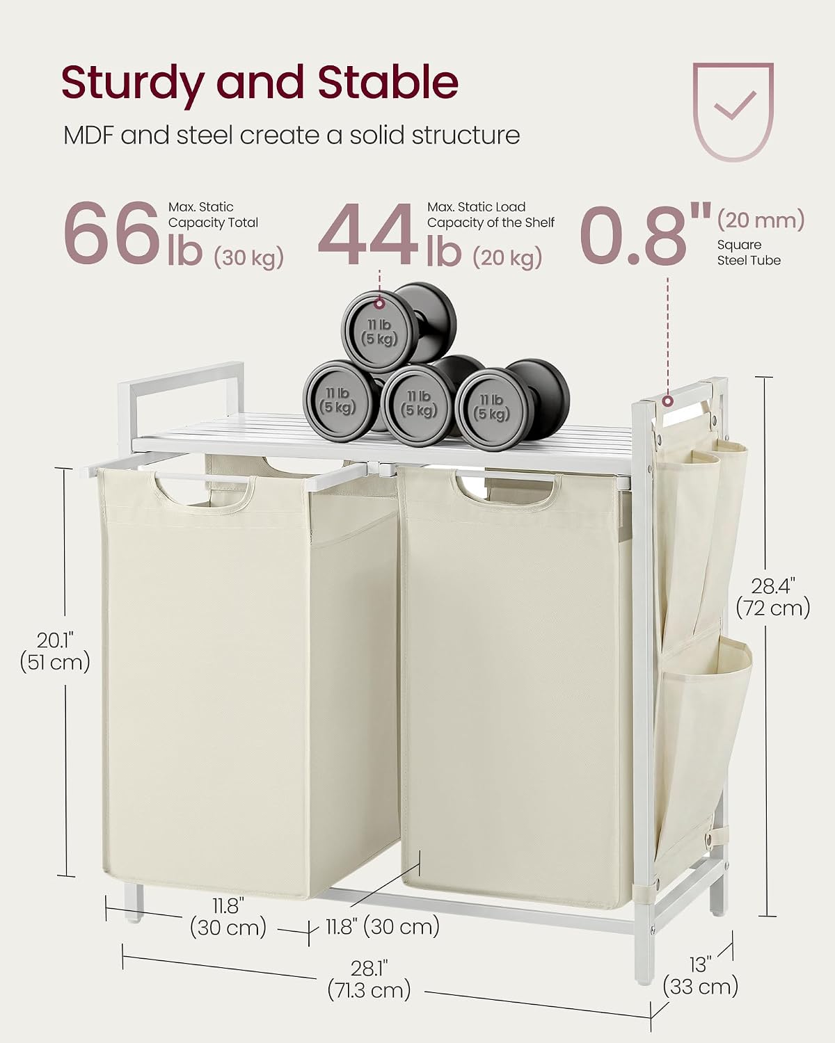 VASAGLE Laundry Hamper, Laundry Basket Sorter with 3 Pull-Out and Removable Bags, Shelf, Metal Frame, 3 x 10.6 Gallons (40 L), 36.4 x 13 x 28.4 Inches, Cappuccino Beige and Natural Beige UBLH301LH01