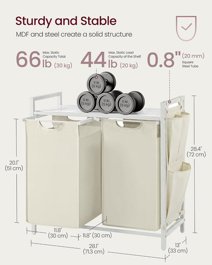 VASAGLE Laundry Hamper, Laundry Basket Sorter with 3 Pull-Out and Removable Bags, Shelf, Metal Frame, 3 x 10.6 Gallons (40 L), 36.4 x 13 x 28.4 Inches, Cappuccino Beige and Natural Beige UBLH301LH01