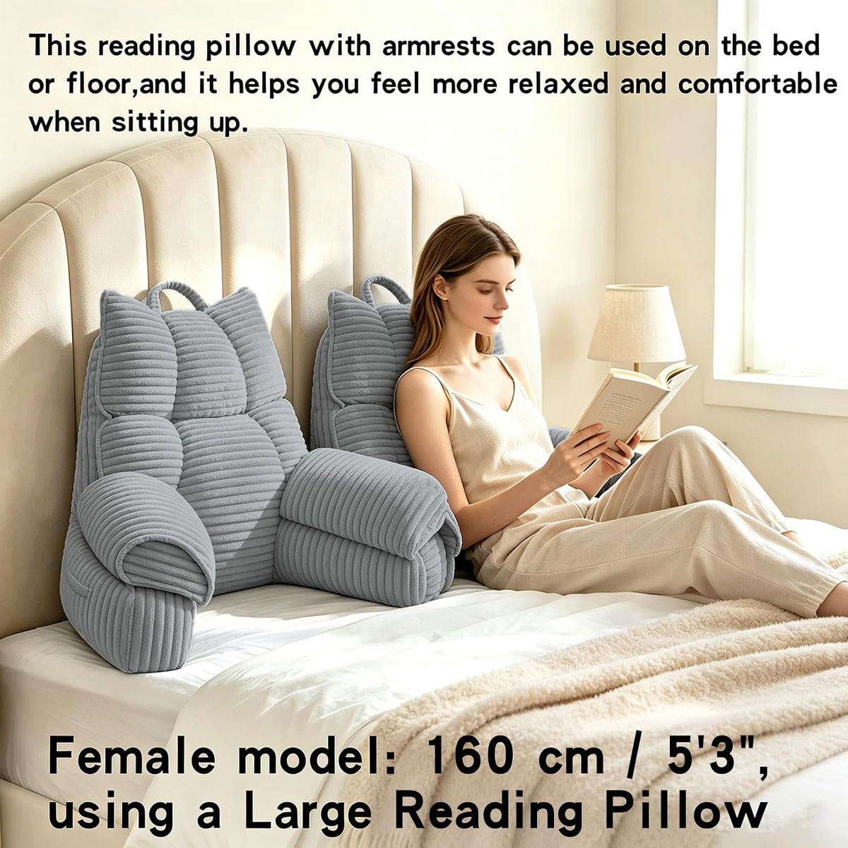 Reading Pillow for Bed with Arms, Back Support, Memory Foam（Grey Black）