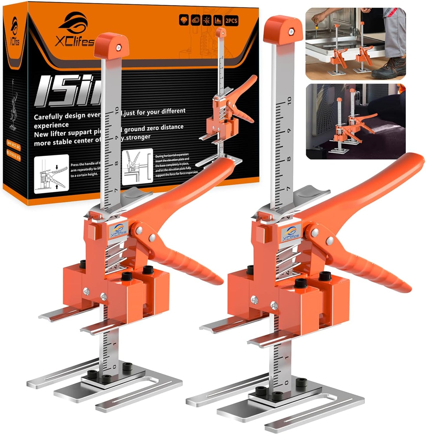 XClifes Labor Saving Arm Jack, 2 Pack Furniture Lifter Tool, Black | Multifunctional jack lifts up to 6.69" with 450 lbs capacity for cabinets, doors, windows & wall tile leveling.
