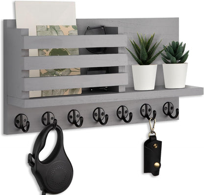Lwenki Key Holder for Wall – Decorative Wooden Mail Holder and Key Shelf with Mounting Hardware, Installation Guide – Paulownia Wood with Metal Key Hooks (Black, Large - 11.8inch)