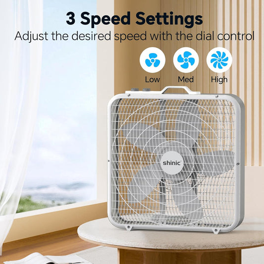 shinic 20” Box Fan with Thermostat for Bedroom, 3-Speed Portable Floor Fan with Carry Handle, Powerful Airflow, 5 Blades, Window Fan and Cooling Fan for Home, Office, Garage, Basement, White