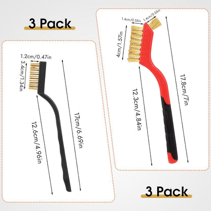 Wire Brush for Cleaning, Small Brass Steel Nylon Brush, Metal Rust Remover | 6 Pcs, Rust/Grease/Paint Removal on Metal/Wood/Grill, Curved Head for Tight Spots, with Hang Hole, Ergonomic Handle, 7 in