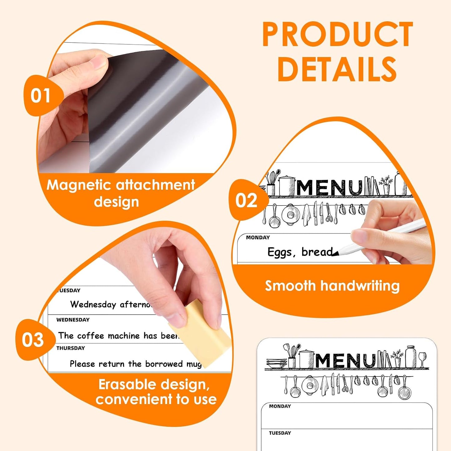 Magnetic Weekly Meal Planner, Fridge Dry Erase Menu Board (A) | 8 x 12 inch dry erase whiteboard with strong magnetic backing for weekly menus, notes, grocery lists, families and roommates