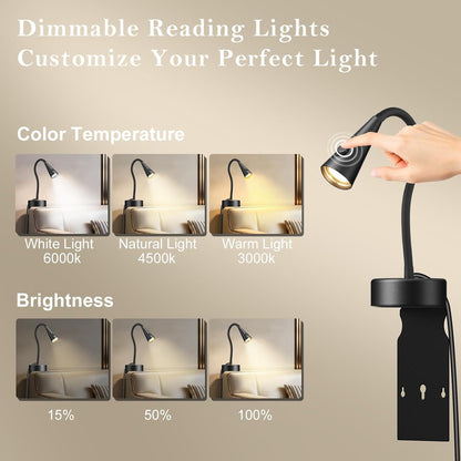 Headboard Reading Light, Black Bedside Lamp, No-Drill Book Light for Bedtime Reading, Dimmable LED, Flexible Gooseneck, 360°Adjustable, Plug-in Reading Lamp Movable-1 Pack