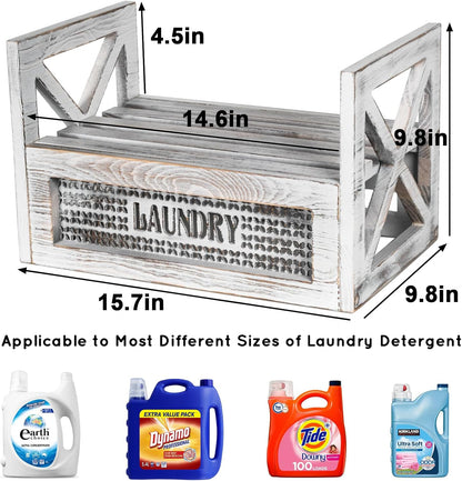 Laundry Detergent Holder with Drip Tray Catcher - Wooden Farmhouse Laundry Room Decor - Rustic Detergent Holder Accessories for New Home Storage, Space-Saving Organizers Decor Must Haves